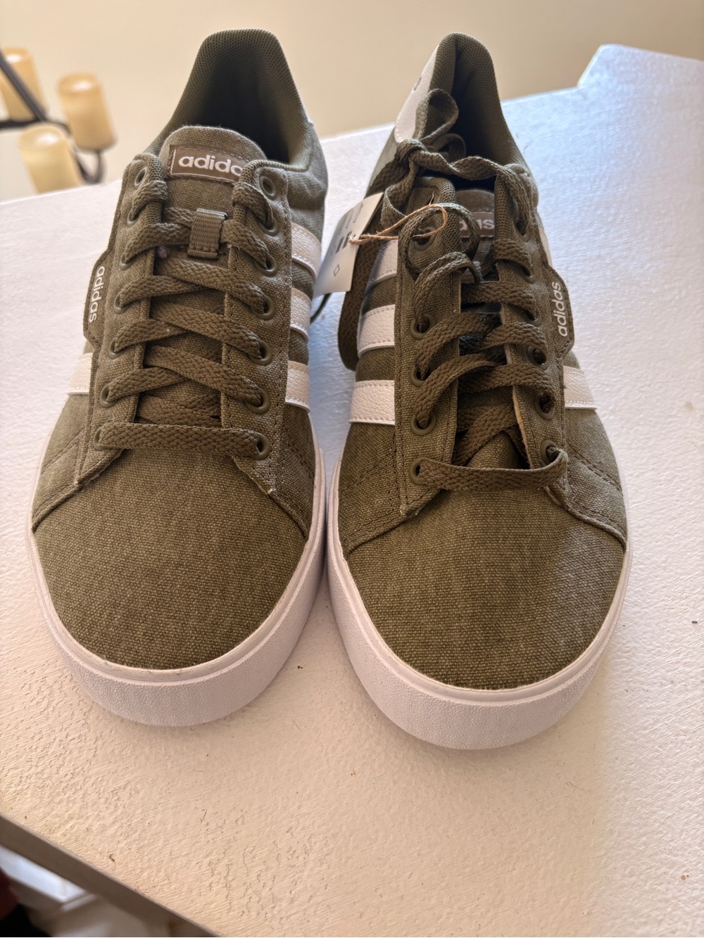 adidas Women’s Olive Green Canvas Sneakers with White Stripes - NEW - Picture 2 of 5